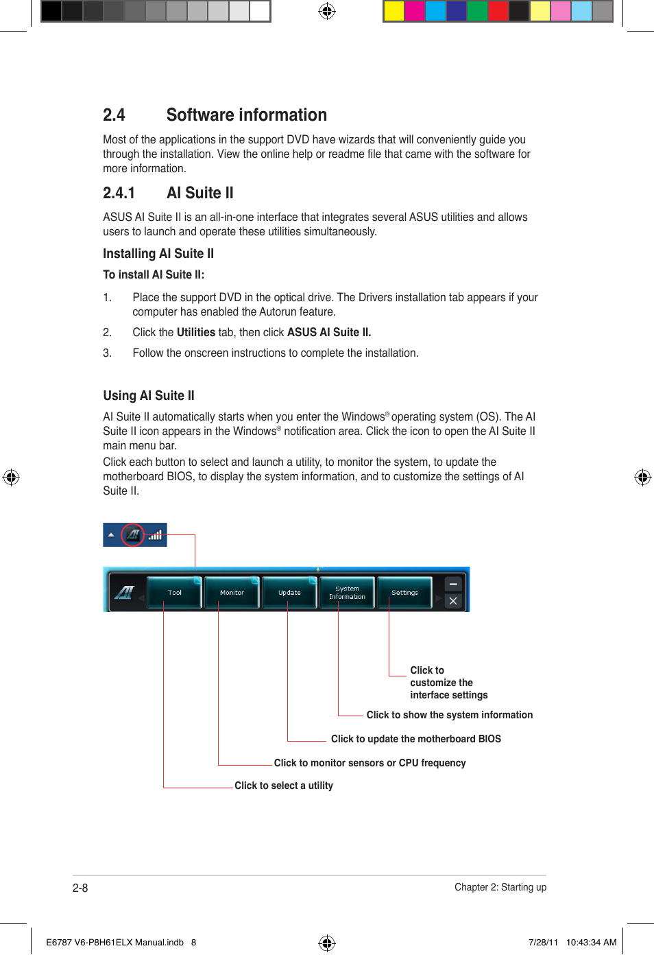 4 software information, 1 ai suite ii, Software information -8 2.4.1 | Ai suite ii -8 | Asus V6-P8H61ELX User Manual | Page 26 / 72