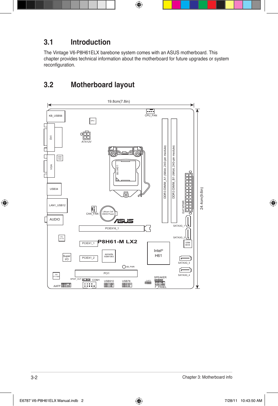 1 introduction, 2 motherboard layout, Introduction -2 | Motherboard layout -2, Chapter 3: motherboard info, P8h61-m lx2 | Asus V6-P8H61ELX User Manual | Page 40 / 72