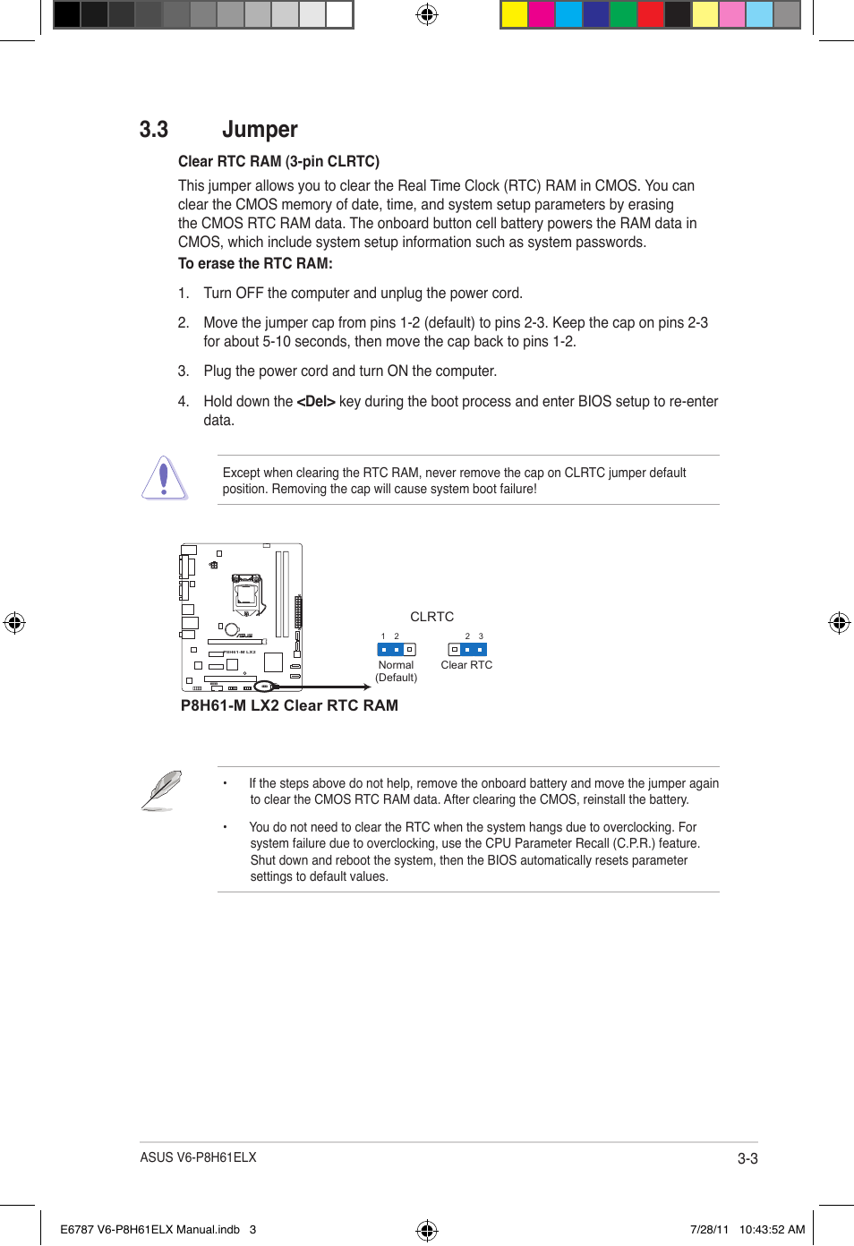 3 jumper, Jumper -3 | Asus V6-P8H61ELX User Manual | Page 41 / 72