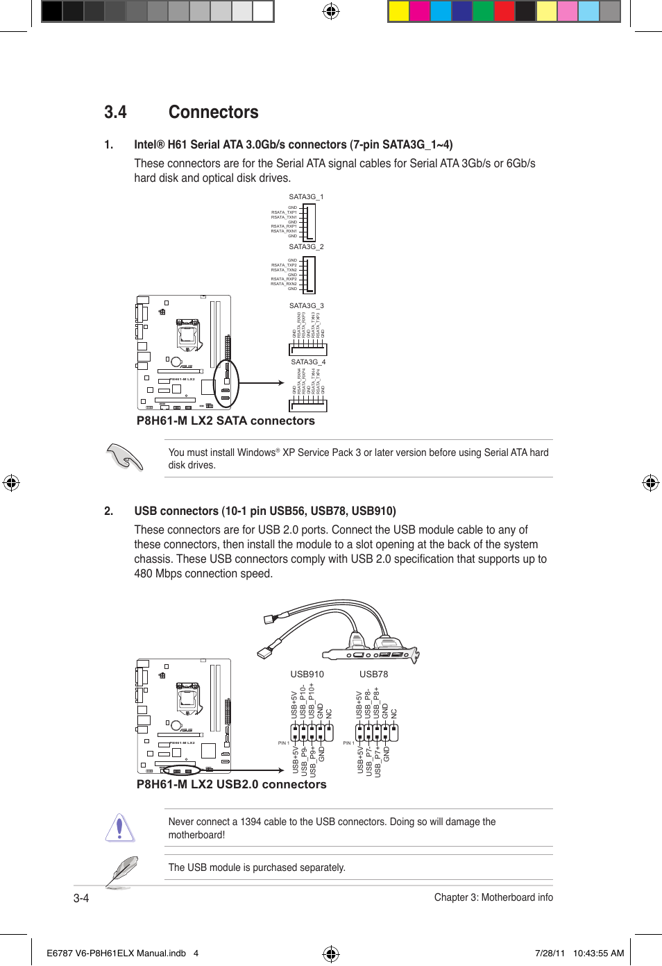 4 connectors, Connectors -4, P8h61-m lx2 sata connectors | Chapter 3: motherboard info, You must install windows | Asus V6-P8H61ELX User Manual | Page 42 / 72