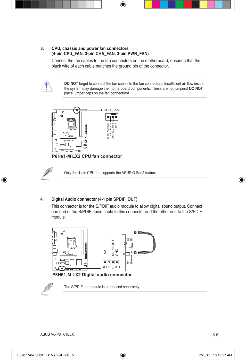 P8h61-m lx2 cpu fan connector, P8h61-m lx2 digital audio connector | Asus V6-P8H61ELX User Manual | Page 43 / 72