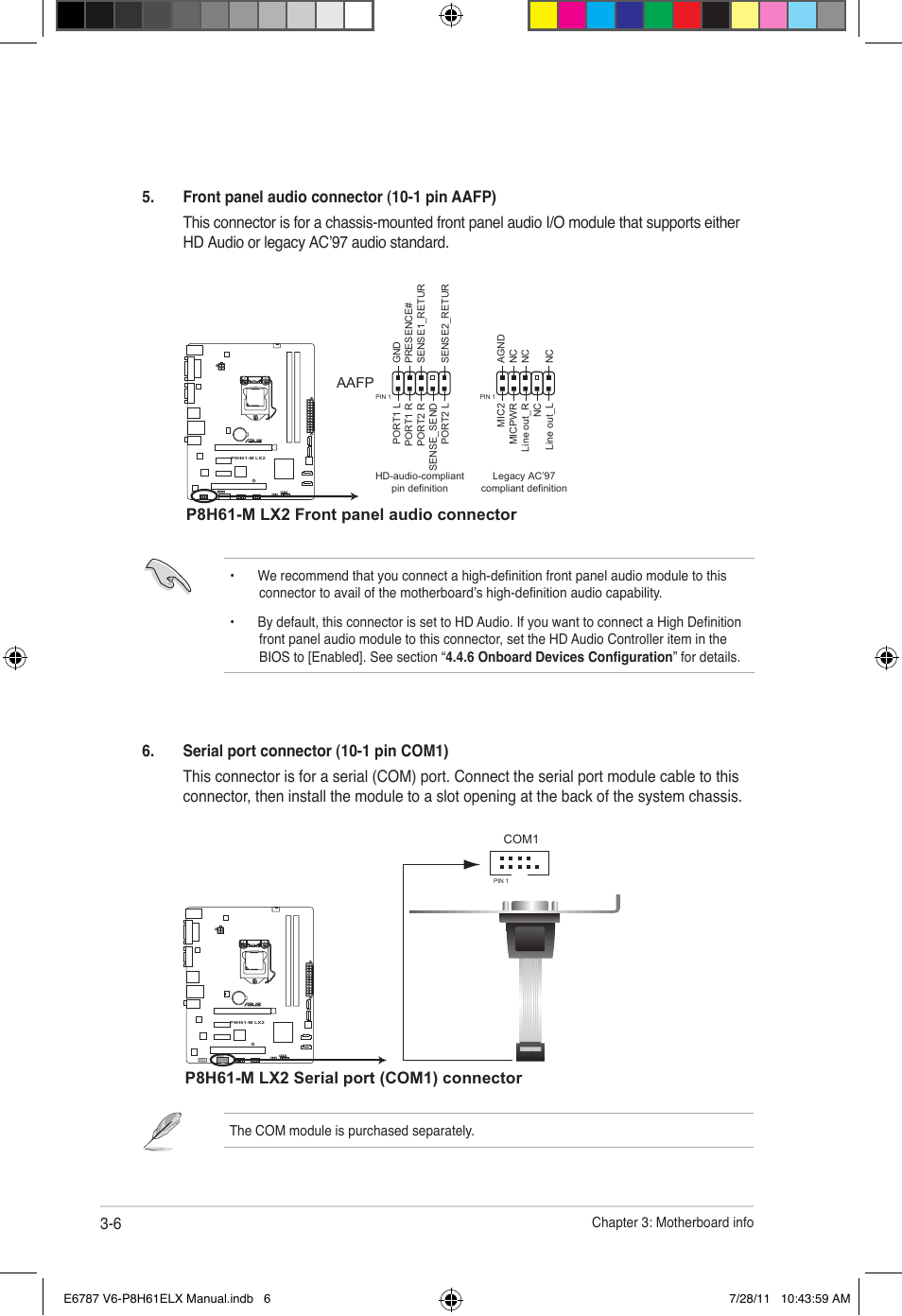 P8h61-m lx2 front panel audio connector, Chapter 3: motherboard info, Aafp | The com module is purchased separately | Asus V6-P8H61ELX User Manual | Page 44 / 72