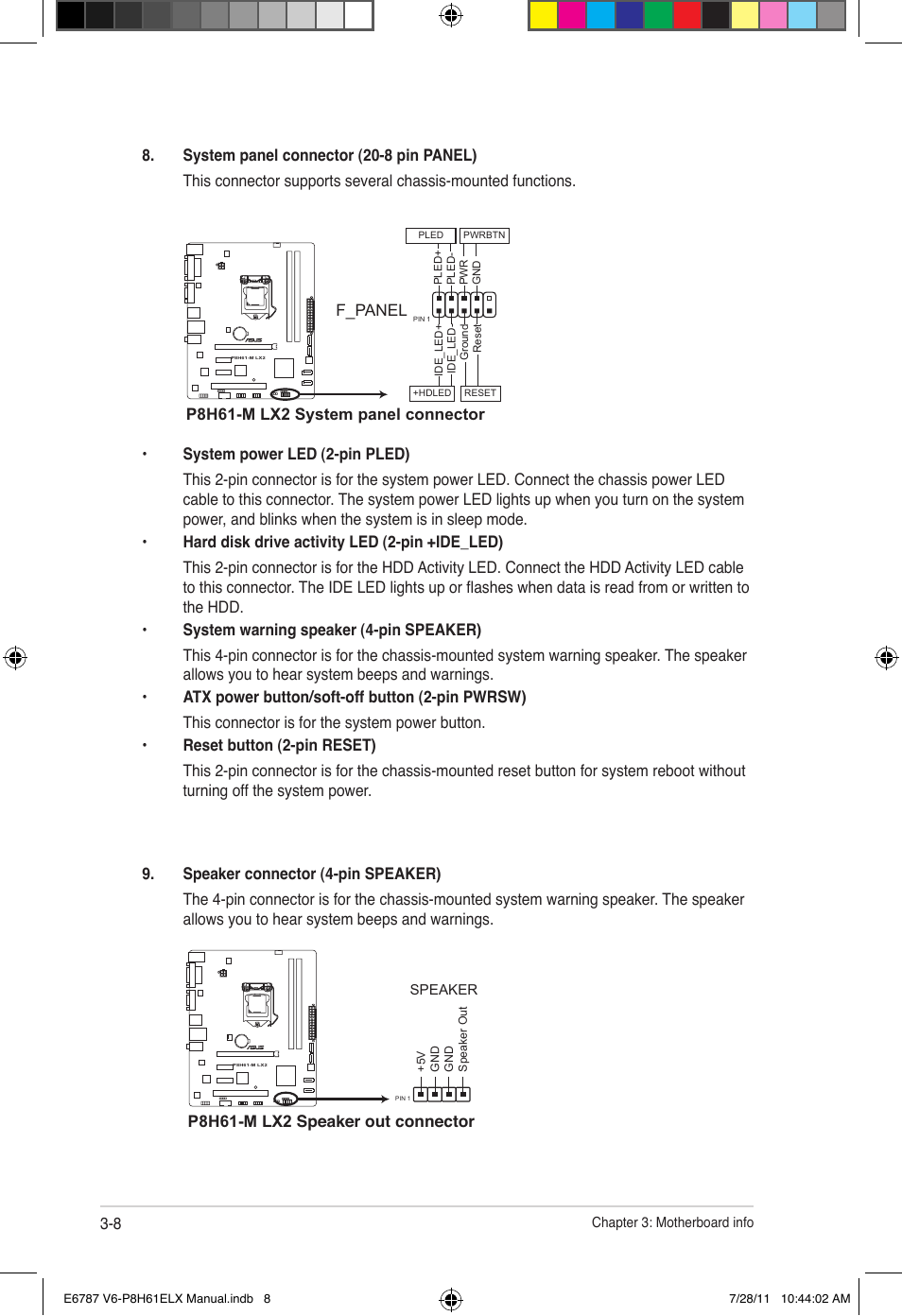 F_panel, P8h61-m lx2 speaker out connector | Asus V6-P8H61ELX User Manual | Page 46 / 72