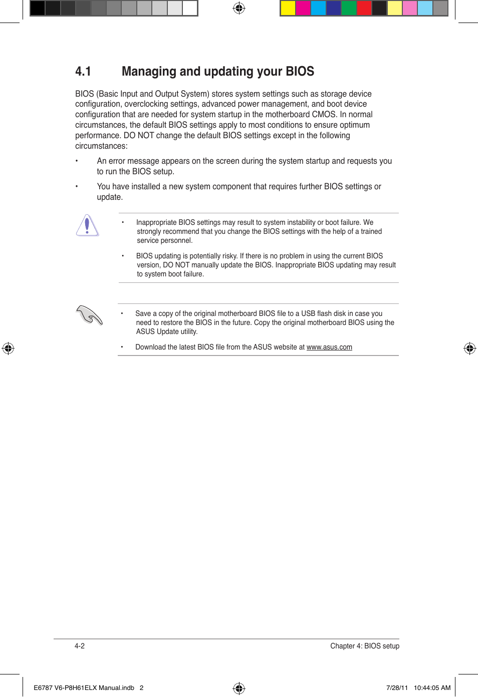 1 managing and updating your bios, Managing and updating your bios -2 | Asus V6-P8H61ELX User Manual | Page 48 / 72