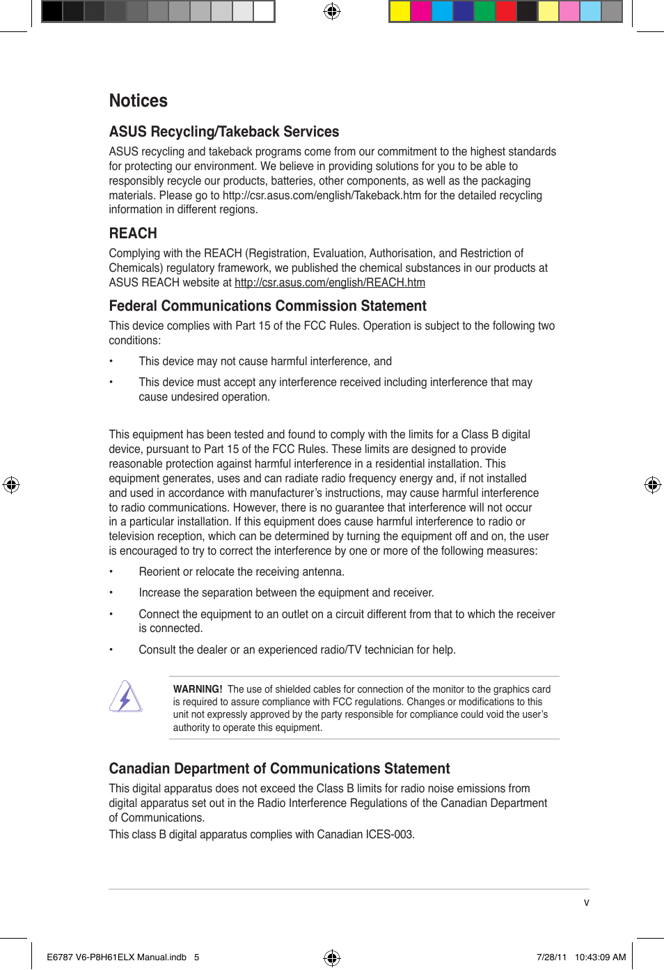 Notices, Canadian department of communications statement, Asus recycling/takeback services | Reach, Federal communications commission statement | Asus V6-P8H61ELX User Manual | Page 5 / 72