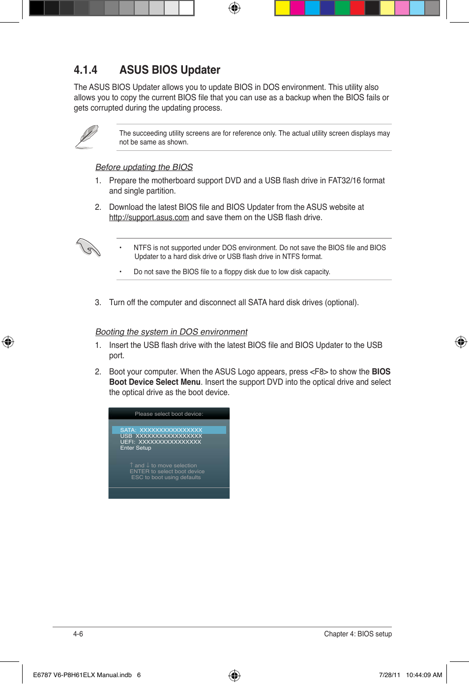 4 asus bios updater, Asus bios updater -6 | Asus V6-P8H61ELX User Manual | Page 52 / 72