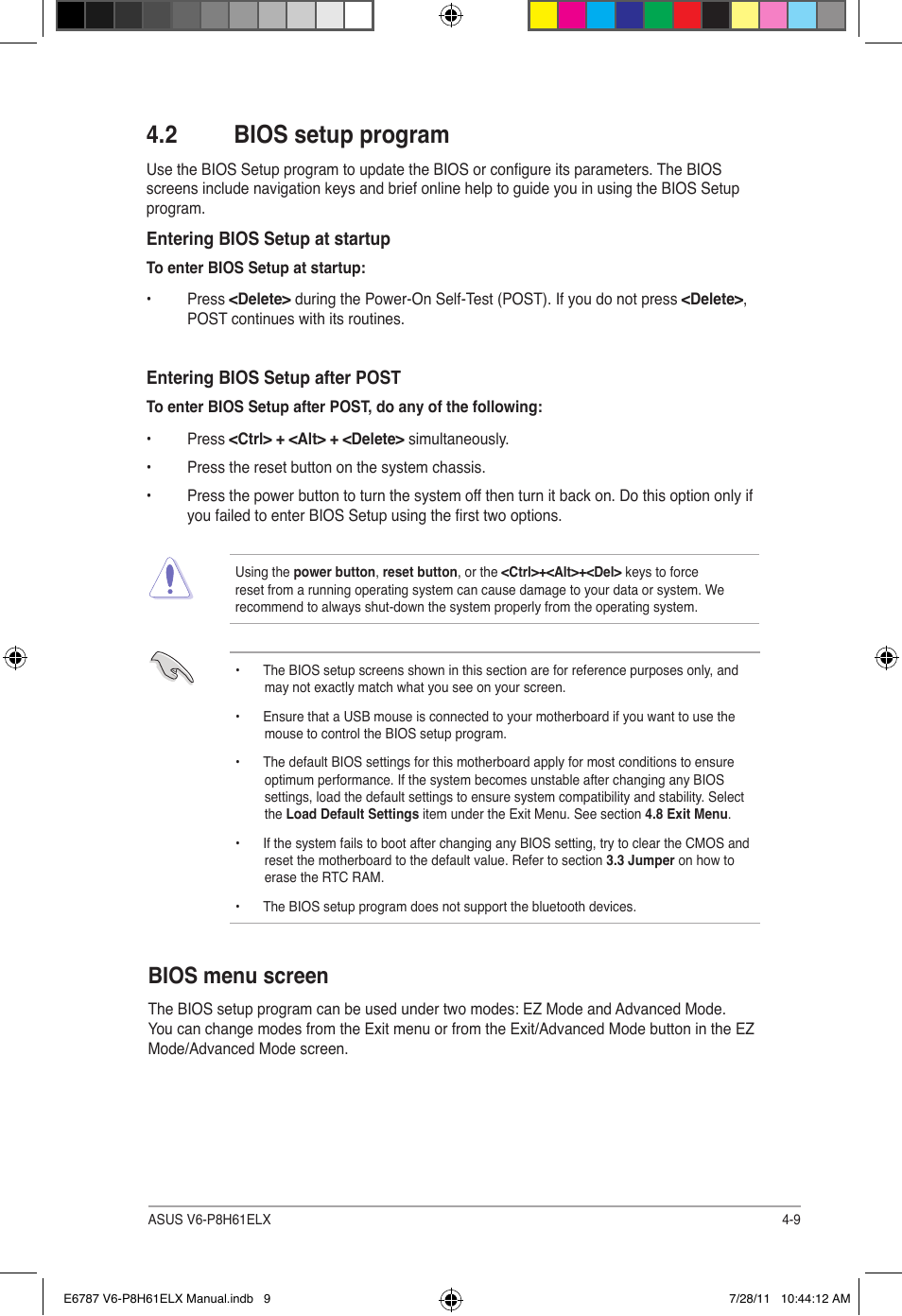 2 bios setup program, Bios menu screen, Bios setup program -9 bios menu screen -9 | Asus V6-P8H61ELX User Manual | Page 55 / 72