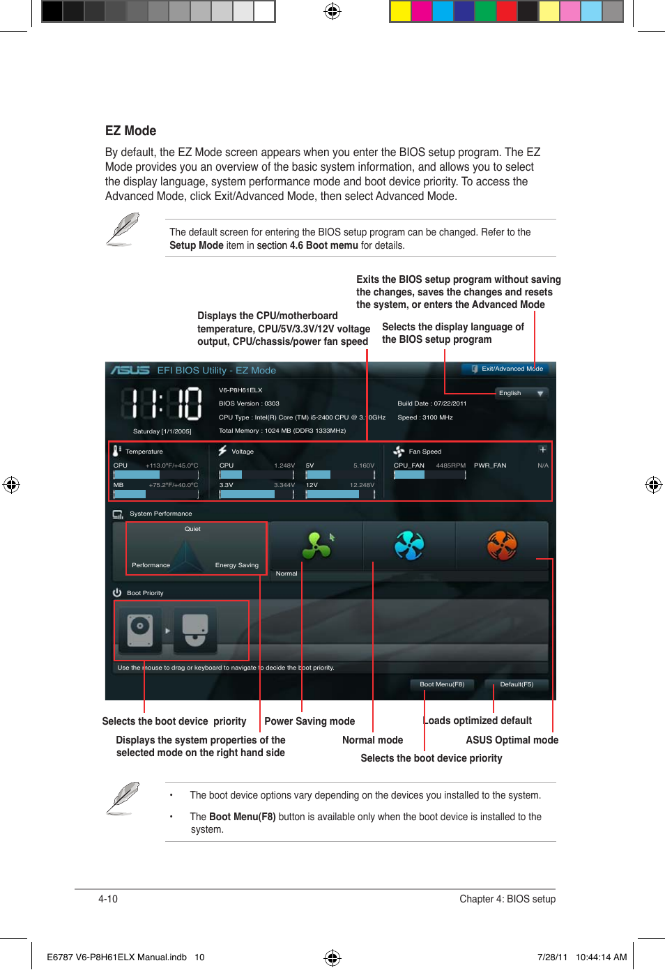 Ez mode, 10 chapter 4: bios setup | Asus V6-P8H61ELX User Manual | Page 56 / 72