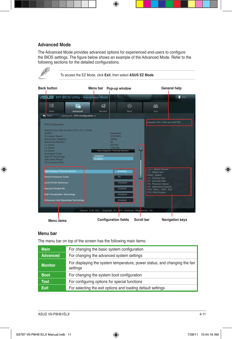 Advanced mode, Menu bar, Navigation keys | General help menu bar menu items scroll bar, Back button configuration fields pop-up window | Asus V6-P8H61ELX User Manual | Page 57 / 72