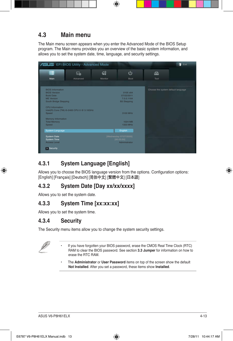3 main menu, 1 system language [english, 2 system date [day xx/xx/xxxx | 3 system time [xx:xx:xx, 4 security, Main menu -13 4.3.1, System language [english] -13, System date [day xx/xx/xxxx] -13, System time [xx:xx:xx] -13, Security -13 | Asus V6-P8H61ELX User Manual | Page 59 / 72