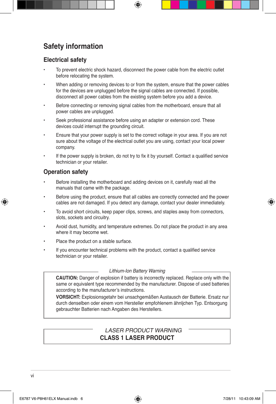 Safety information, Electrical safety, Operation safety | Class 1 laser product | Asus V6-P8H61ELX User Manual | Page 6 / 72