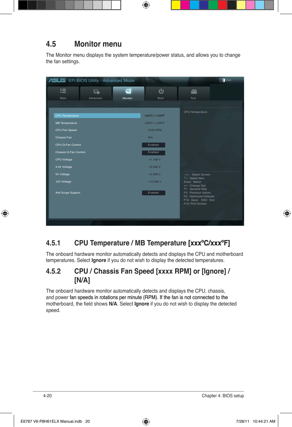 5 monitor menu, 1 cpu temperature / mb temperature [xxxºc/xxxºf, Monitor menu -20 4.5.1 | Cpu temperature / mb temperature [xxxºc/xxxºf] -20, Cpu / chassis fan speed -20, 20 chapter 4: bios setup | Asus V6-P8H61ELX User Manual | Page 66 / 72