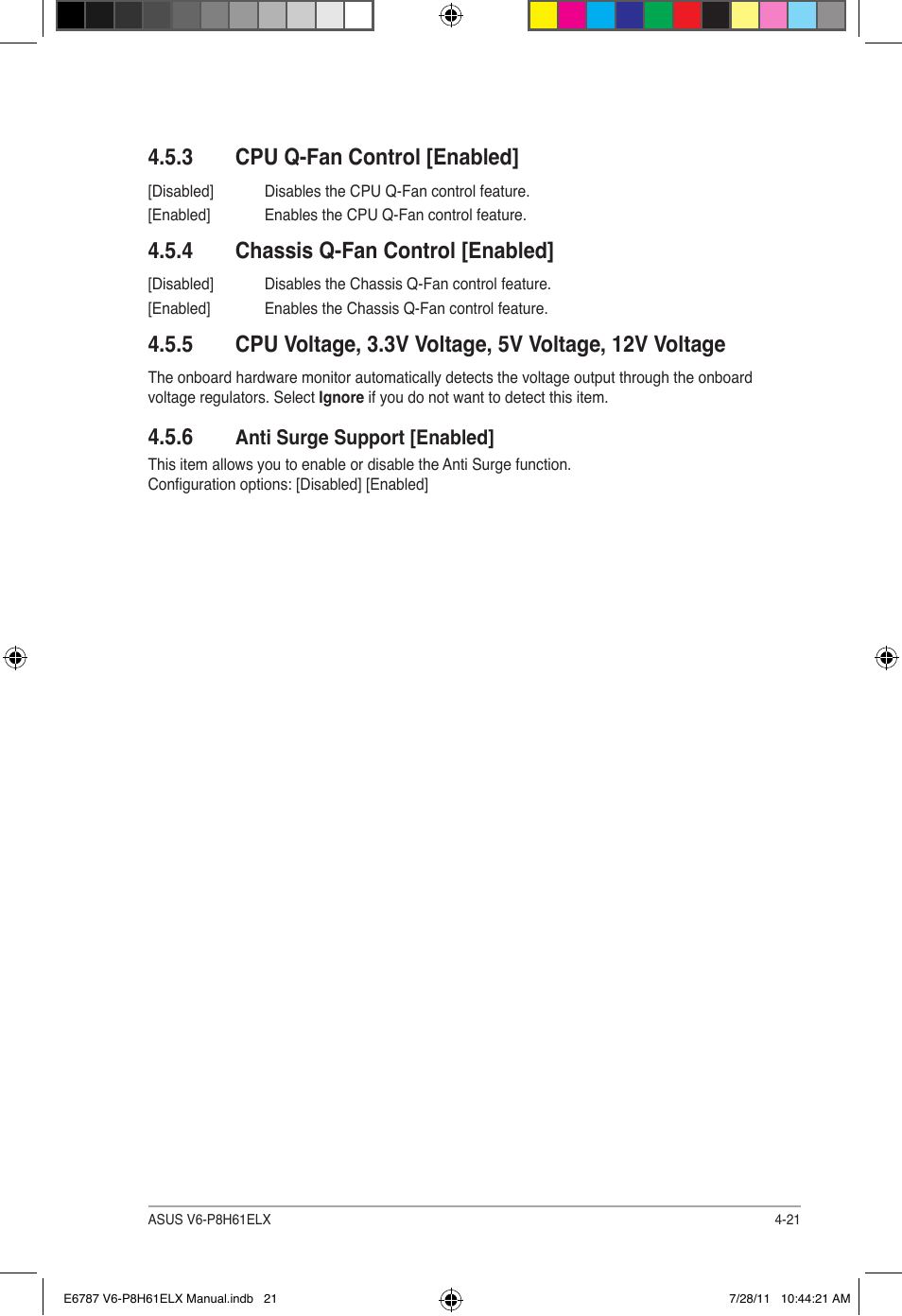 3 cpu q-fan control [enabled, 4 chassis q-fan control [enabled, Cpu q-fan control [enabled] -21 | Chassis q-fan control [enabled] -21 | Asus V6-P8H61ELX User Manual | Page 67 / 72