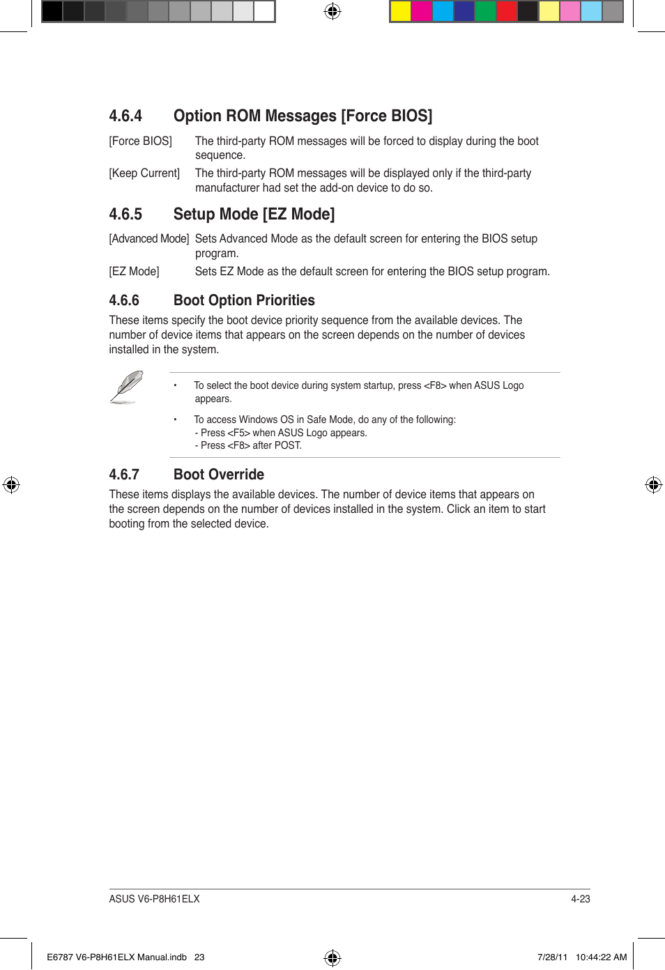 4 option rom messages [force bios, 5 setup mode [ez mode, Option rom messages [force bios] -23 | Setup mode [ez mode] -23 | Asus V6-P8H61ELX User Manual | Page 69 / 72