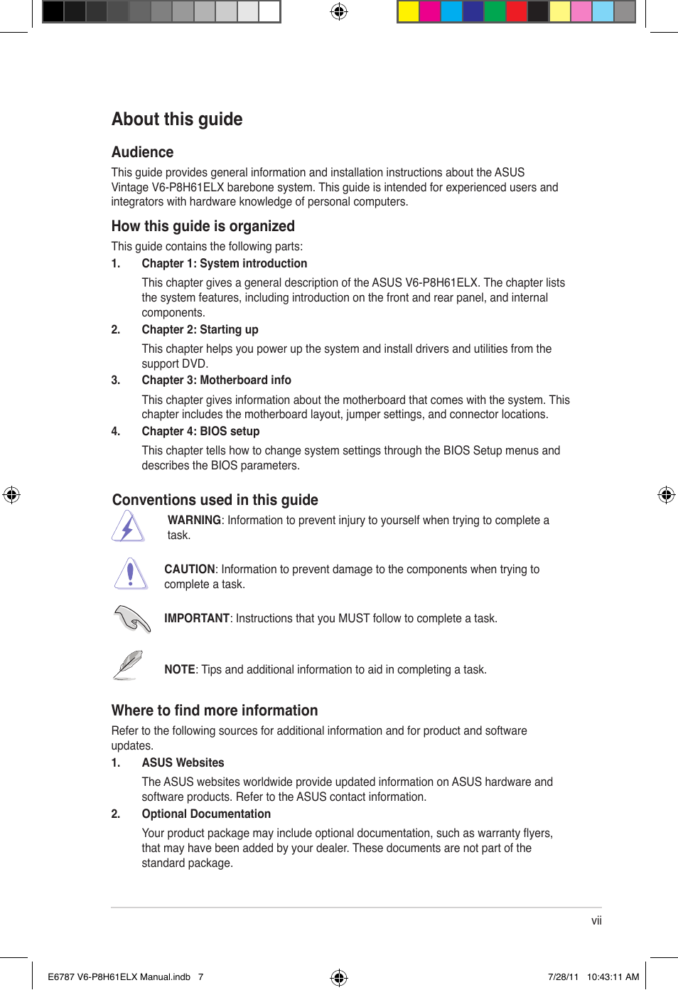 About this guide, Conventions used in this guide, Where to find more information | Audience, How this guide is organized | Asus V6-P8H61ELX User Manual | Page 7 / 72