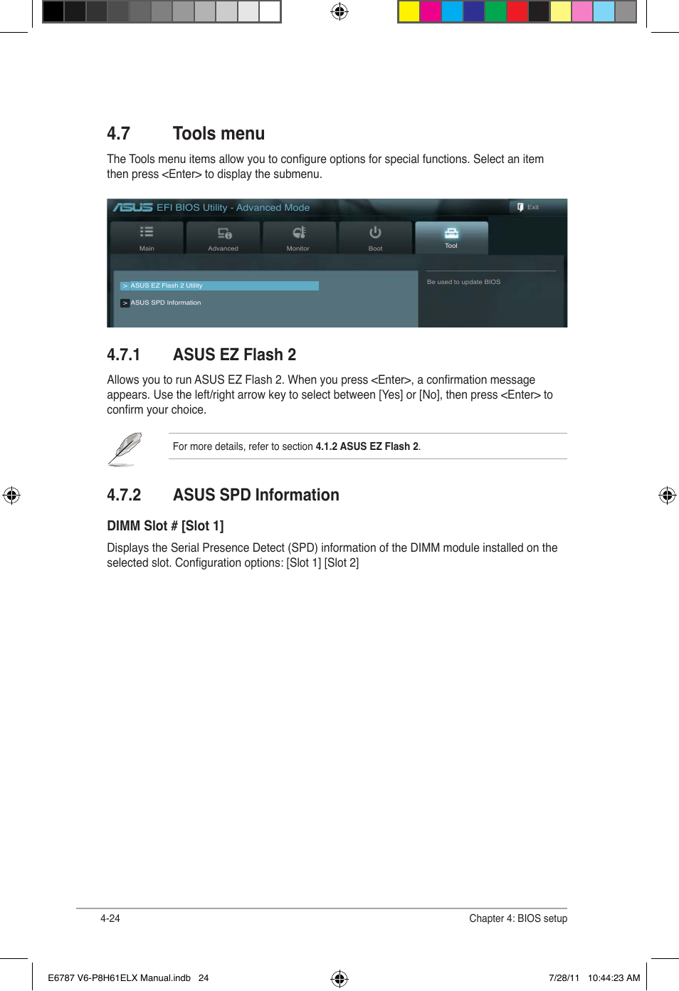 7 tools menu, 1 asus ez flash 2, 2 asus spd information | Tools menu -24 4.7.1, Asus ez flash 2 -24, Asus spd information -24, Dimm slot # [slot 1 | Asus V6-P8H61ELX User Manual | Page 70 / 72