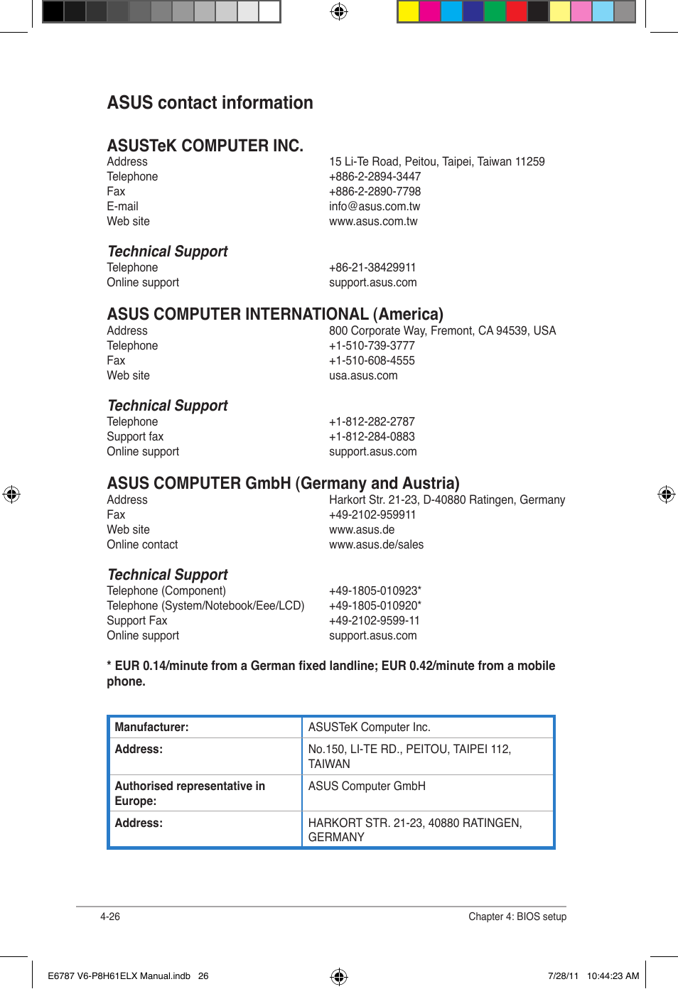Asus contact information, Asus contact information -26, Asustek computer inc | Asus computer international (america), Asus computer gmbh (germany and austria), Technical support | Asus V6-P8H61ELX User Manual | Page 72 / 72