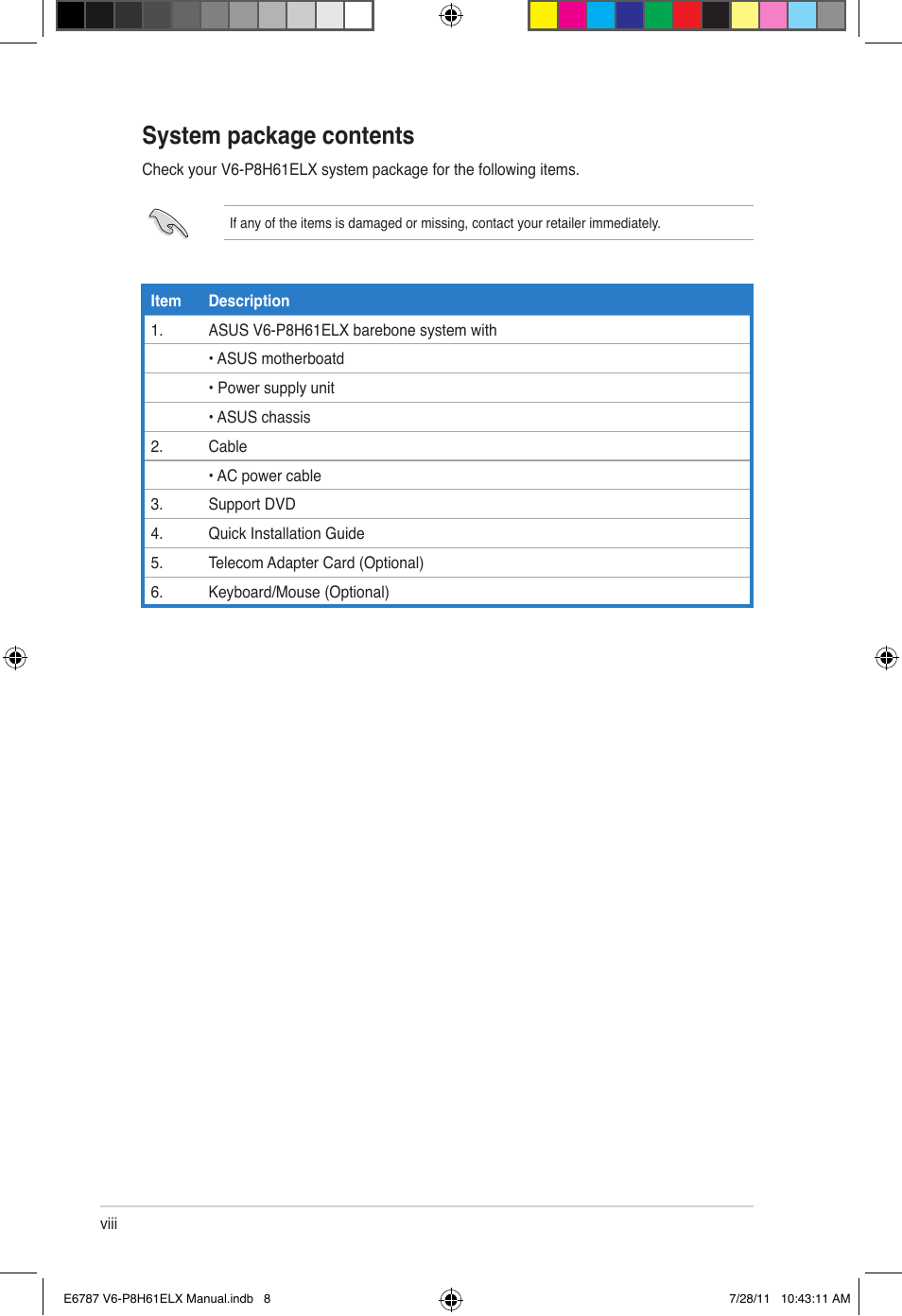 System package contents | Asus V6-P8H61ELX User Manual | Page 8 / 72