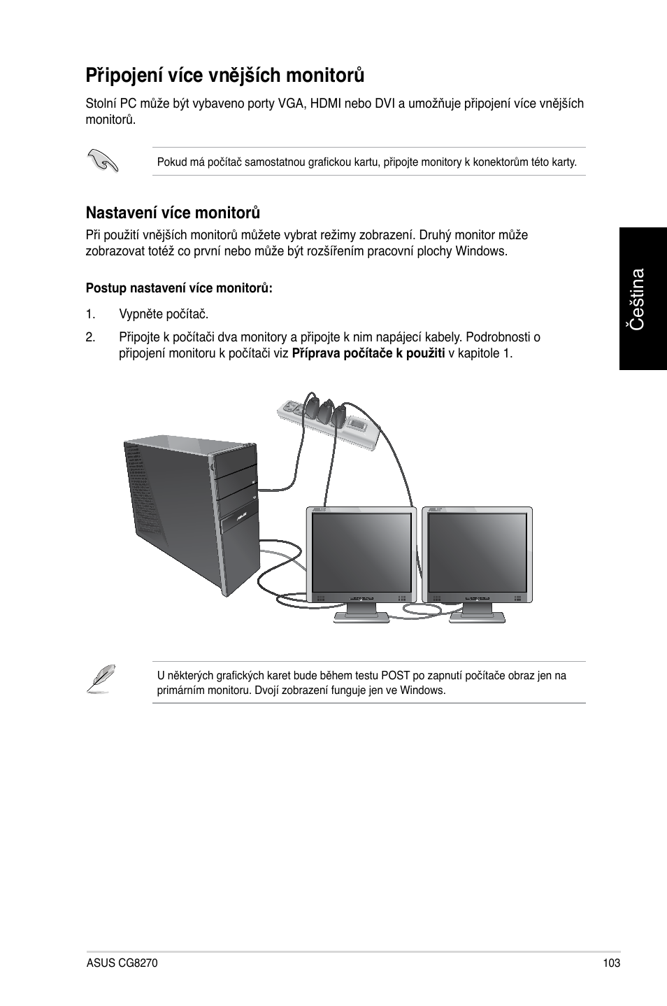 Připojení více vnějších monitorů, Čeština, Nastavení více monitorů | Asus CG8270 User Manual | Page 105 / 362