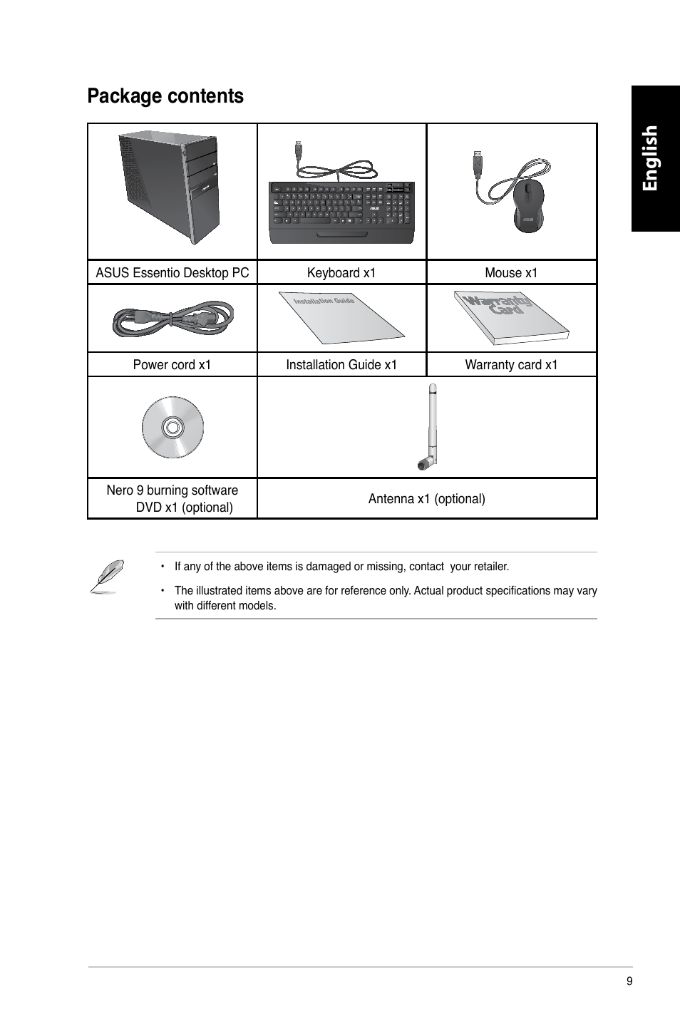 Package contents, English, English package contents | Asus CG8270 User Manual | Page 11 / 362