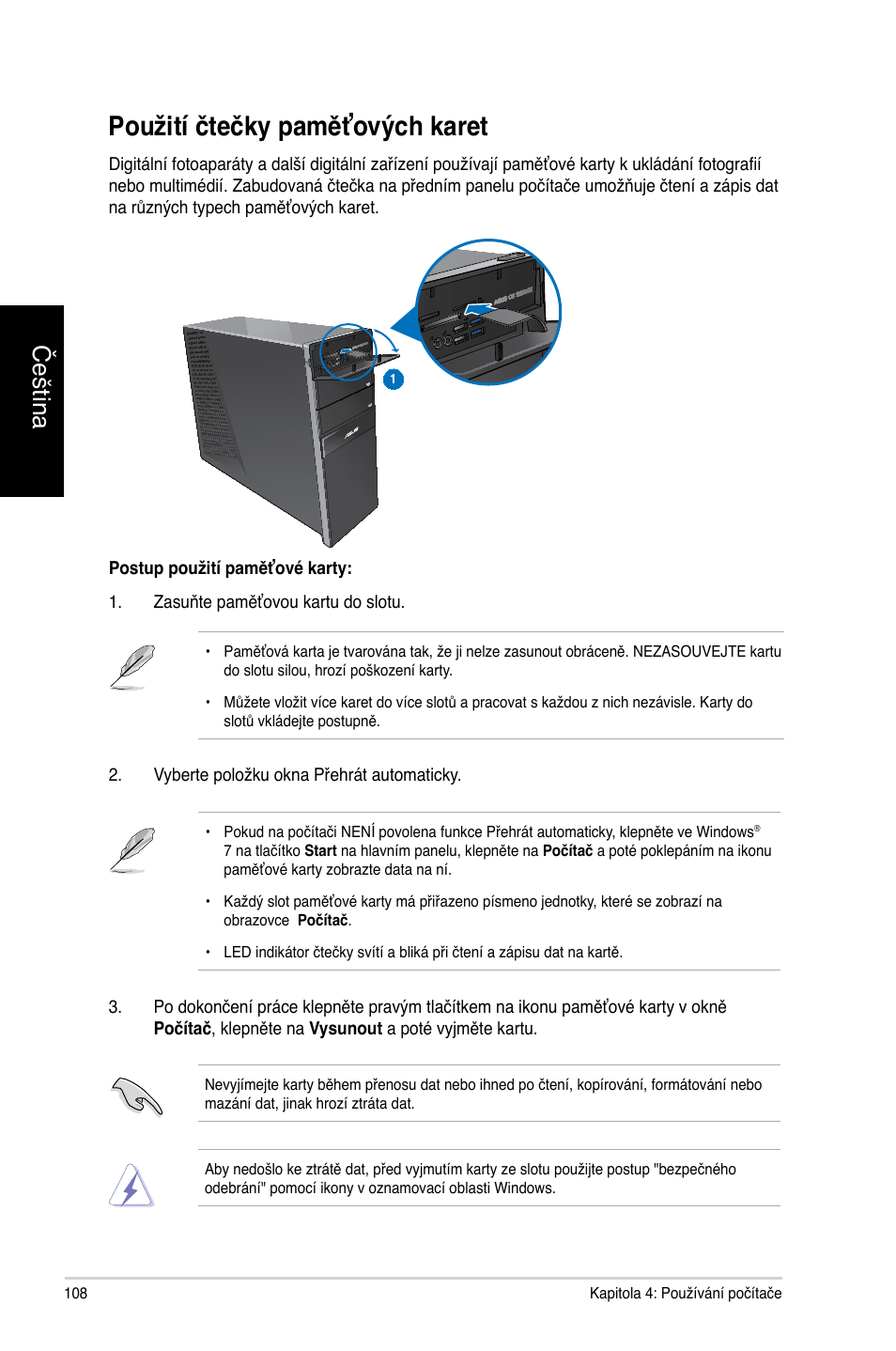 Použití čtečky paměťových karet, Čeština | Asus CG8270 User Manual | Page 110 / 362