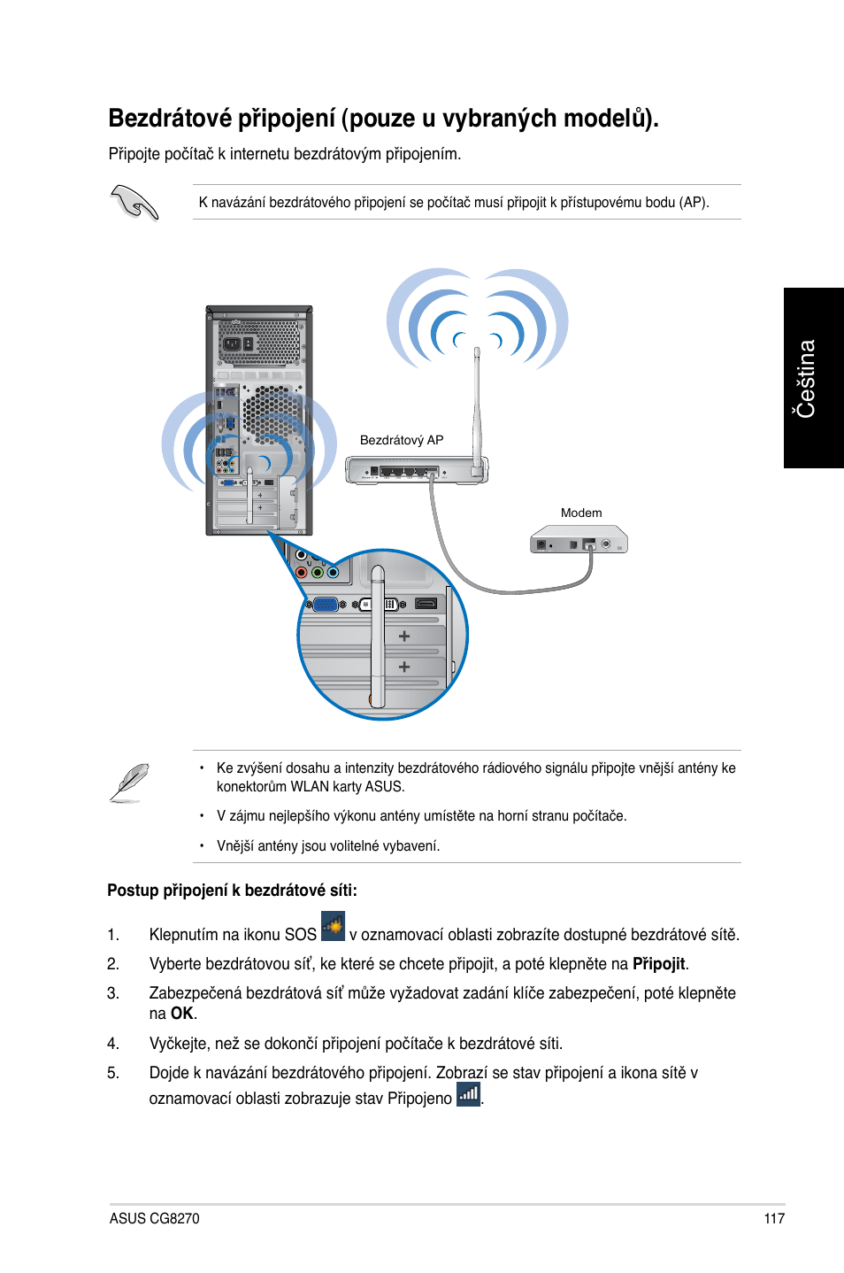 Bezdrátové připojení (pouze u vybraných modelů), Čeština | Asus CG8270 User Manual | Page 119 / 362