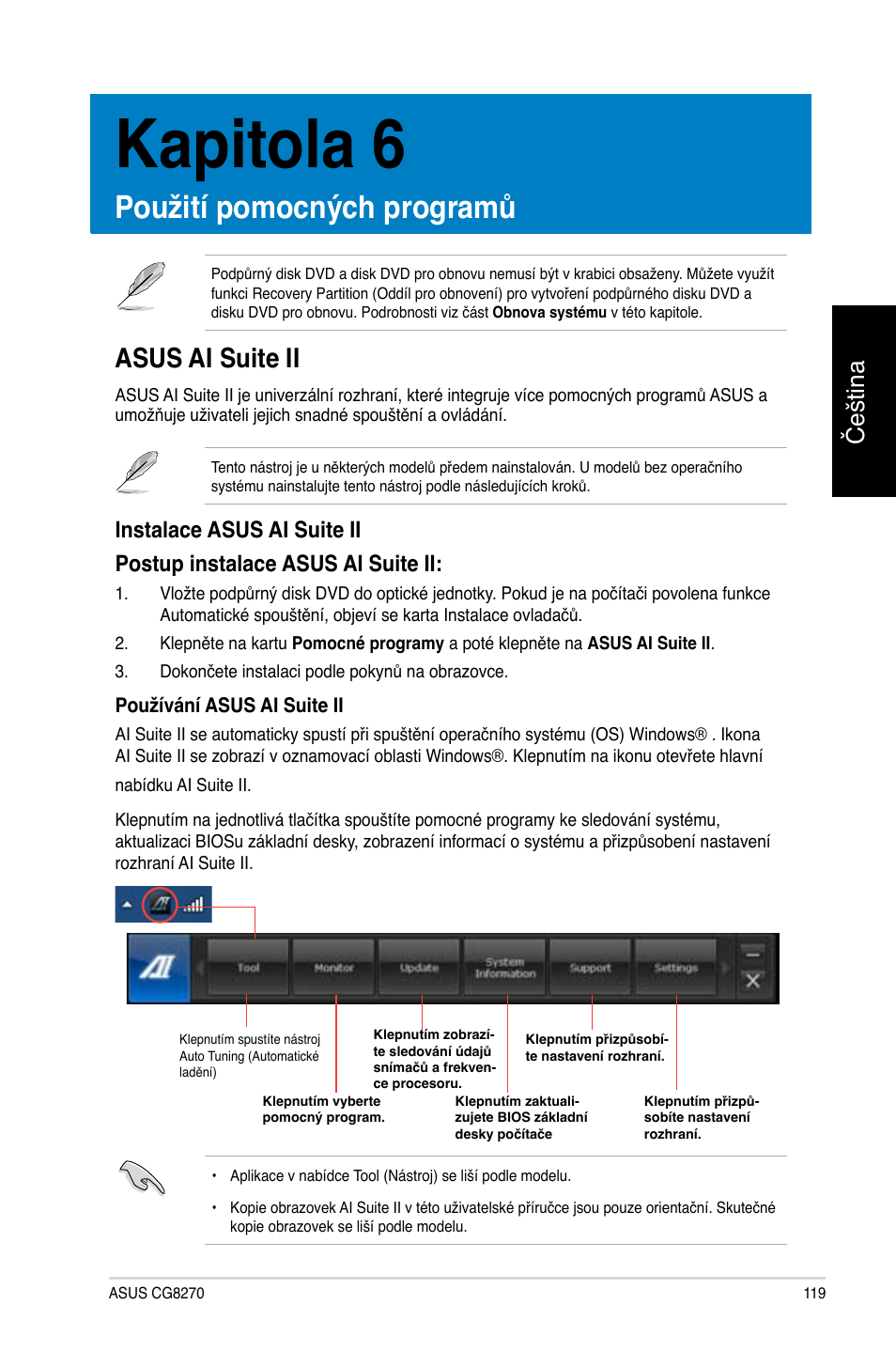 Kapitola 6, Použití pomocných programů, Asus ai suite ii | Čeština | Asus CG8270 User Manual | Page 121 / 362