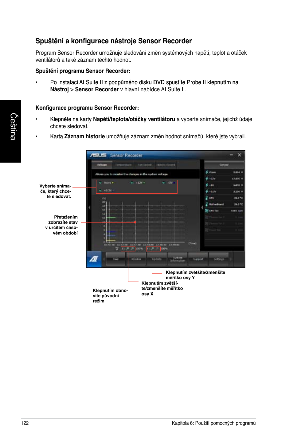 Čeština, Spuštění a konfigurace nástroje sensor recorder | Asus CG8270 User Manual | Page 124 / 362