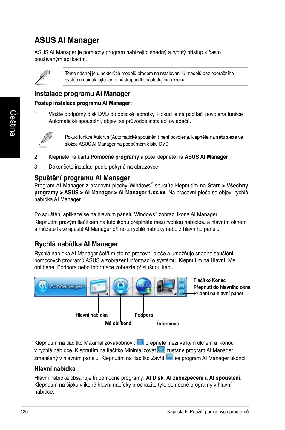 Asus ai manager, Asus ai manager 6, Čeština | Instalace programu ai manager, Spuštění programu ai manager, Rychlá nabídka ai manager | Asus CG8270 User Manual | Page 128 / 362