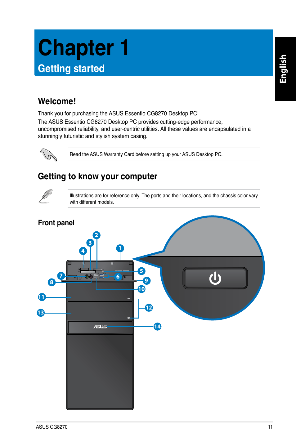 Chapter 1, Getting started, Welcome | Getting to know your computer, Welcome! getting to know your computer, English | Asus CG8270 User Manual | Page 13 / 362