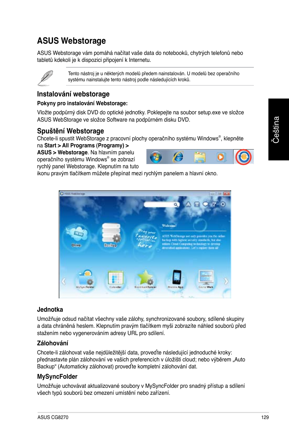 Asus webstorage, Asus webstorage 9, Čeština | Instalování webstorage, Spuštění webstorage | Asus CG8270 User Manual | Page 131 / 362