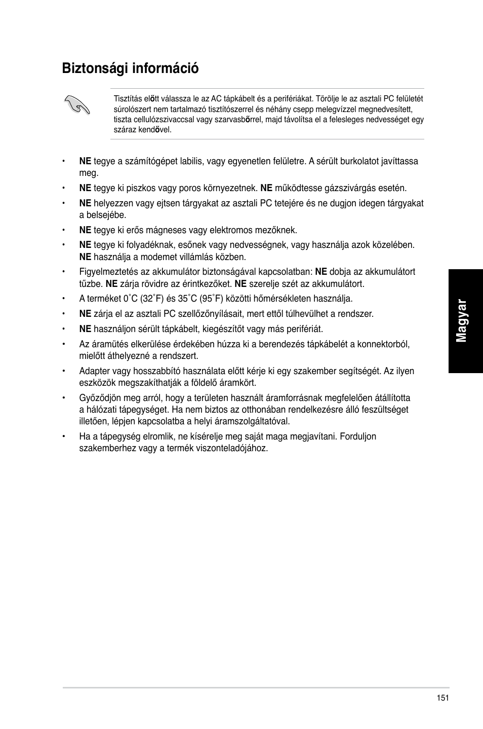 Biztonsági információ, Mag ya r m ag ya r m ag ya r m ag ya r | Asus CG8270 User Manual | Page 153 / 362