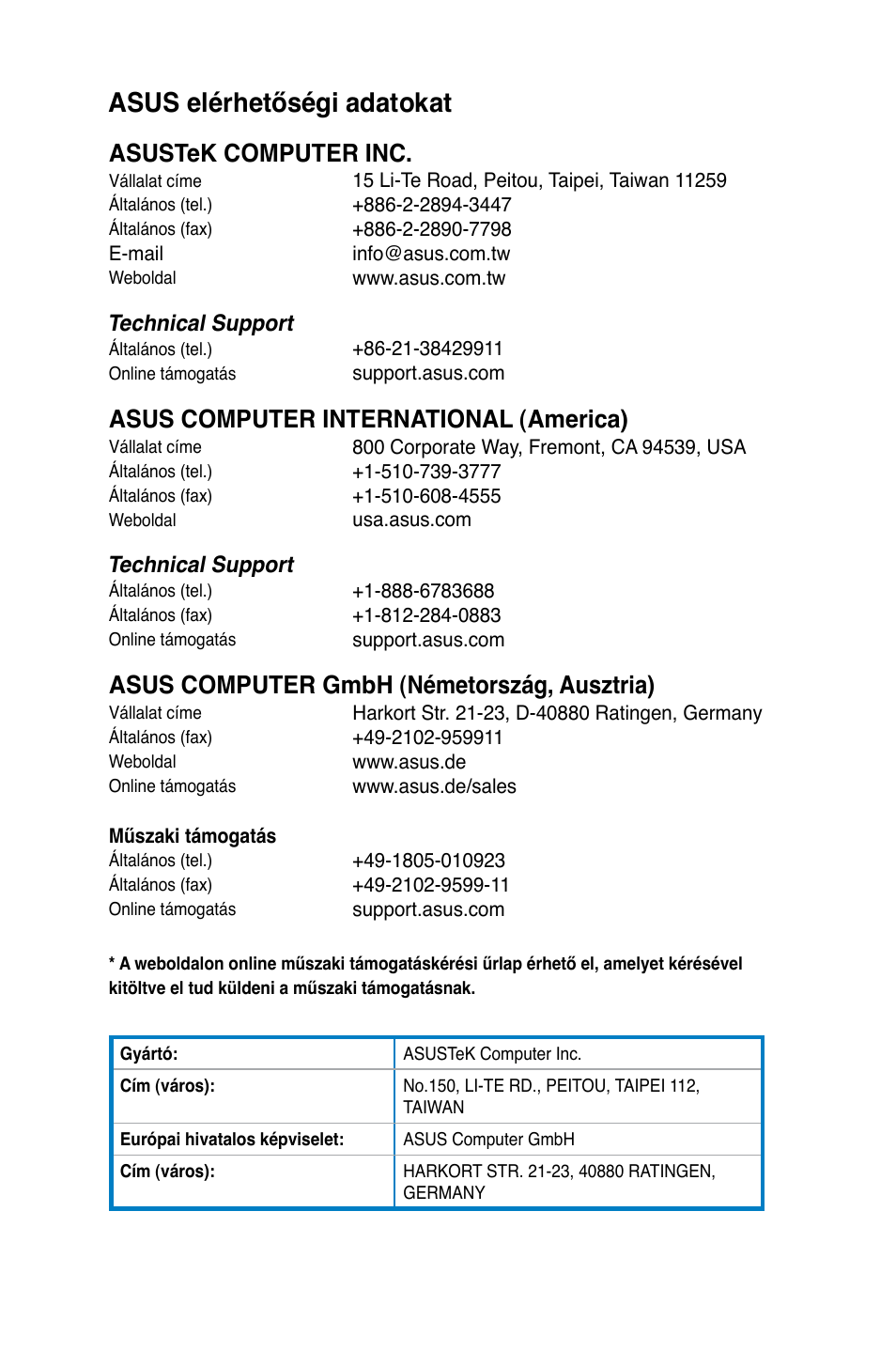 Asus elérhetőségi adatokat, Asustek computer inc, Asus computer international (america) | Asus computer gmbh (németország, ausztria) | Asus CG8270 User Manual | Page 218 / 362