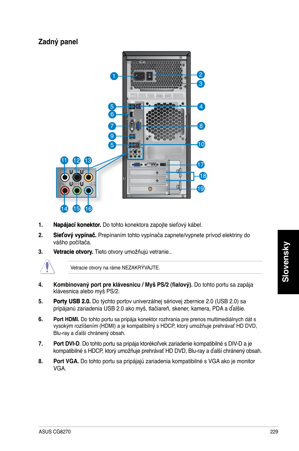 Slovensky, Zadný panel | Asus CG8270 User Manual | Page 231 / 362