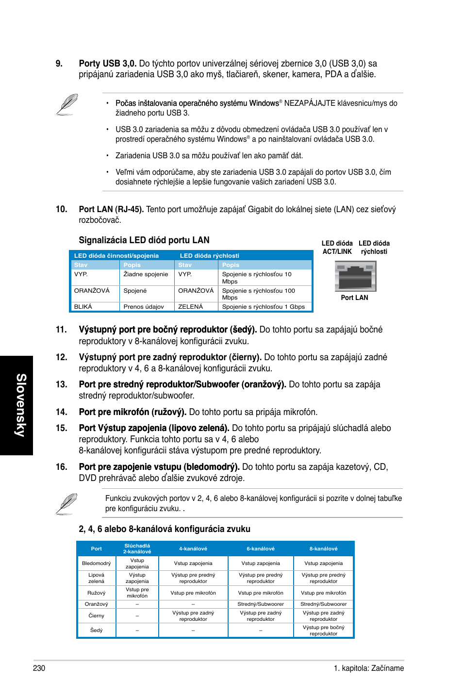 Slovensky, 2, 4, 6 alebo 8-kanálová konfigurácia zvuku | Asus CG8270 User Manual | Page 232 / 362