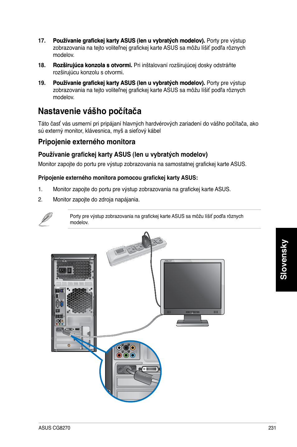 Nastavenie vášho počítača, Slovensky, Pripojenie externého monitora | Asus CG8270 User Manual | Page 233 / 362