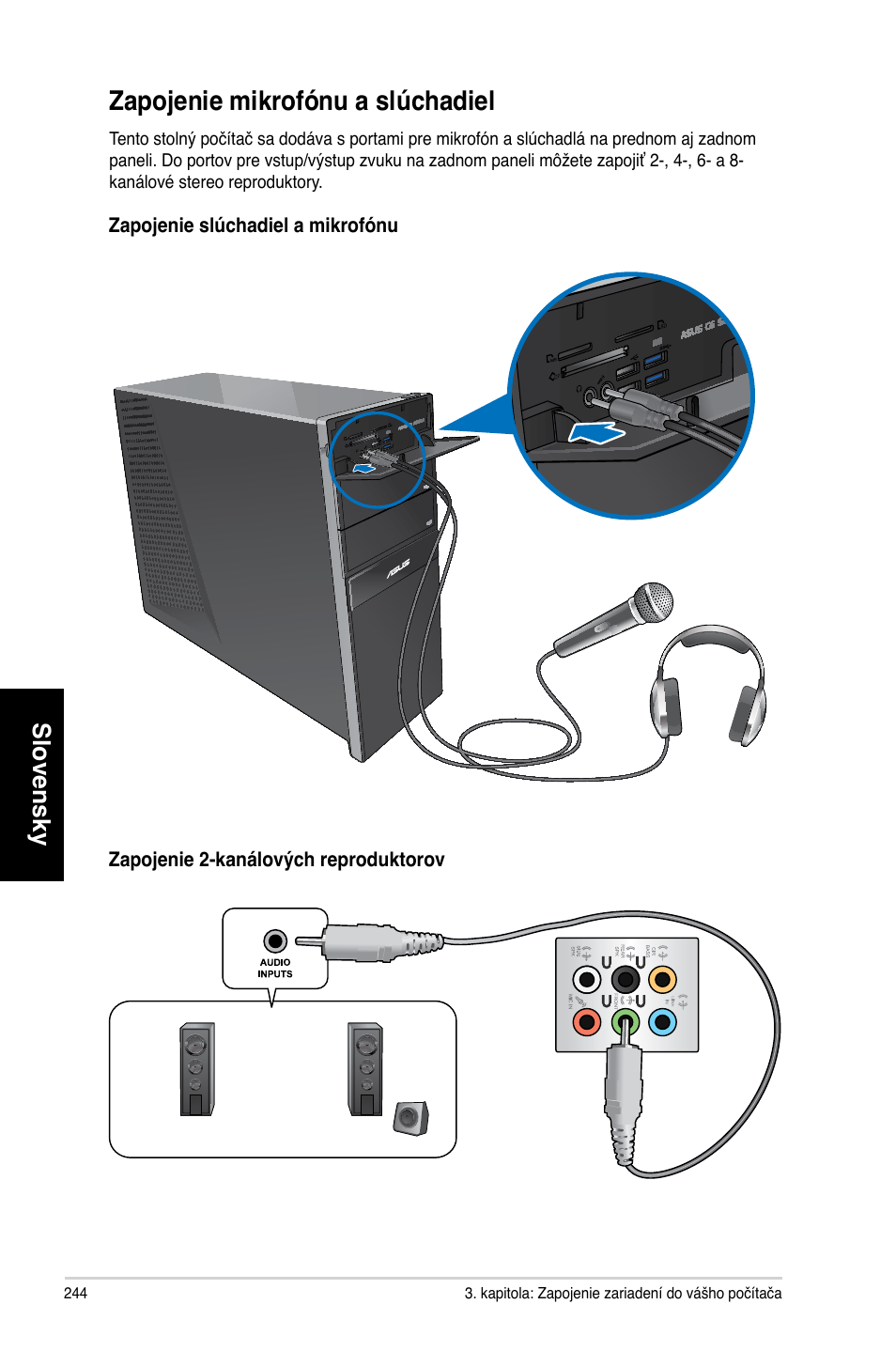 Zapojenie mikrofónu a slúchadiel, Slovensky | Asus CG8270 User Manual | Page 246 / 362