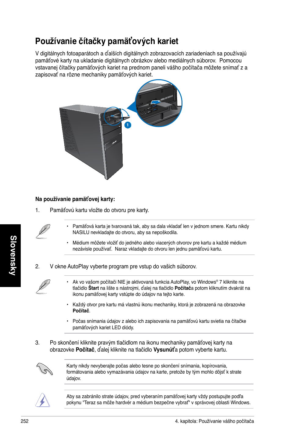 Používanie čítačky pamäťových kariet, Slovensky | Asus CG8270 User Manual | Page 254 / 362