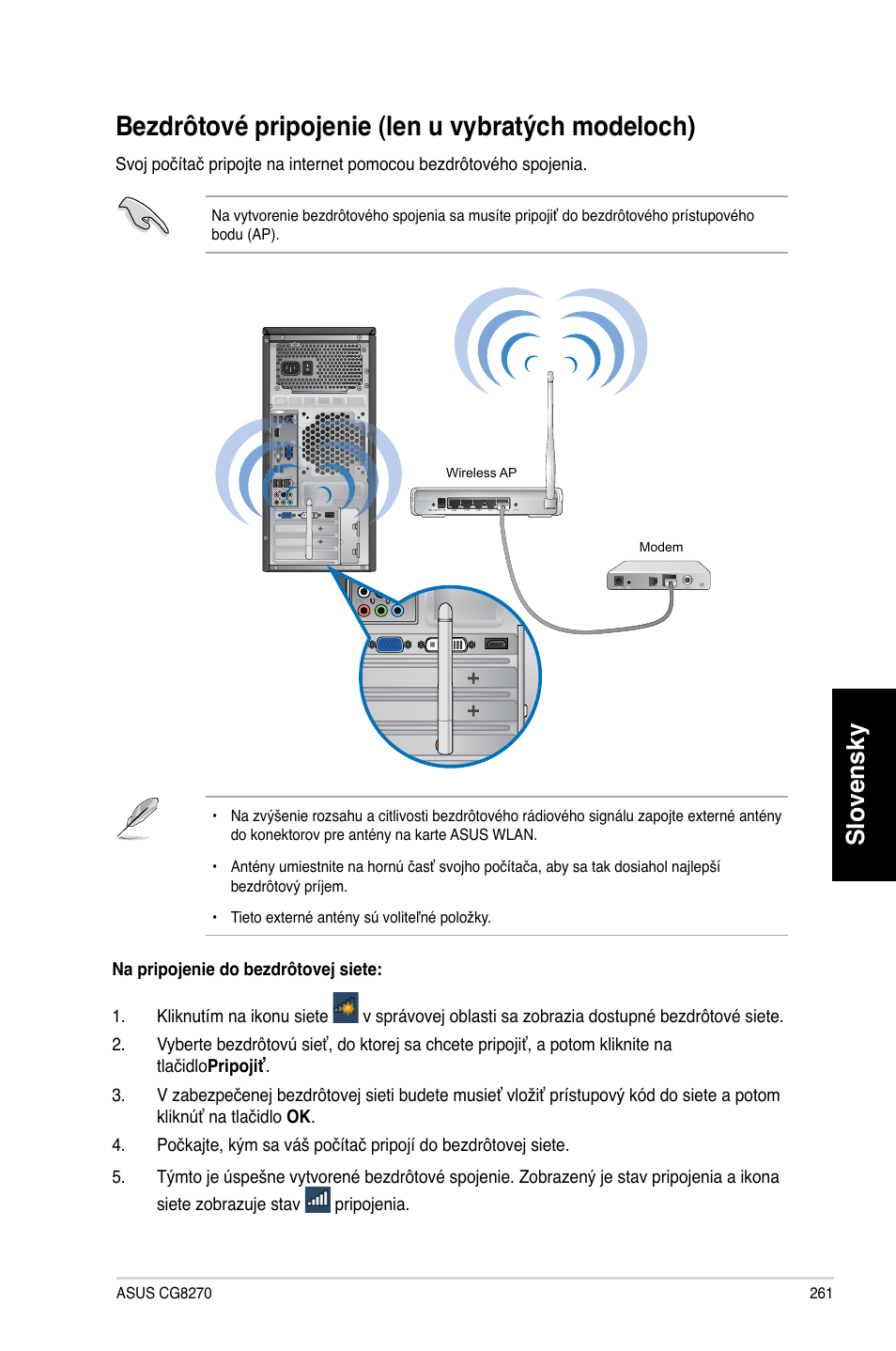 Bezdrôtové pripojenie (len u vybratých modeloch), Slovensky | Asus CG8270 User Manual | Page 263 / 362