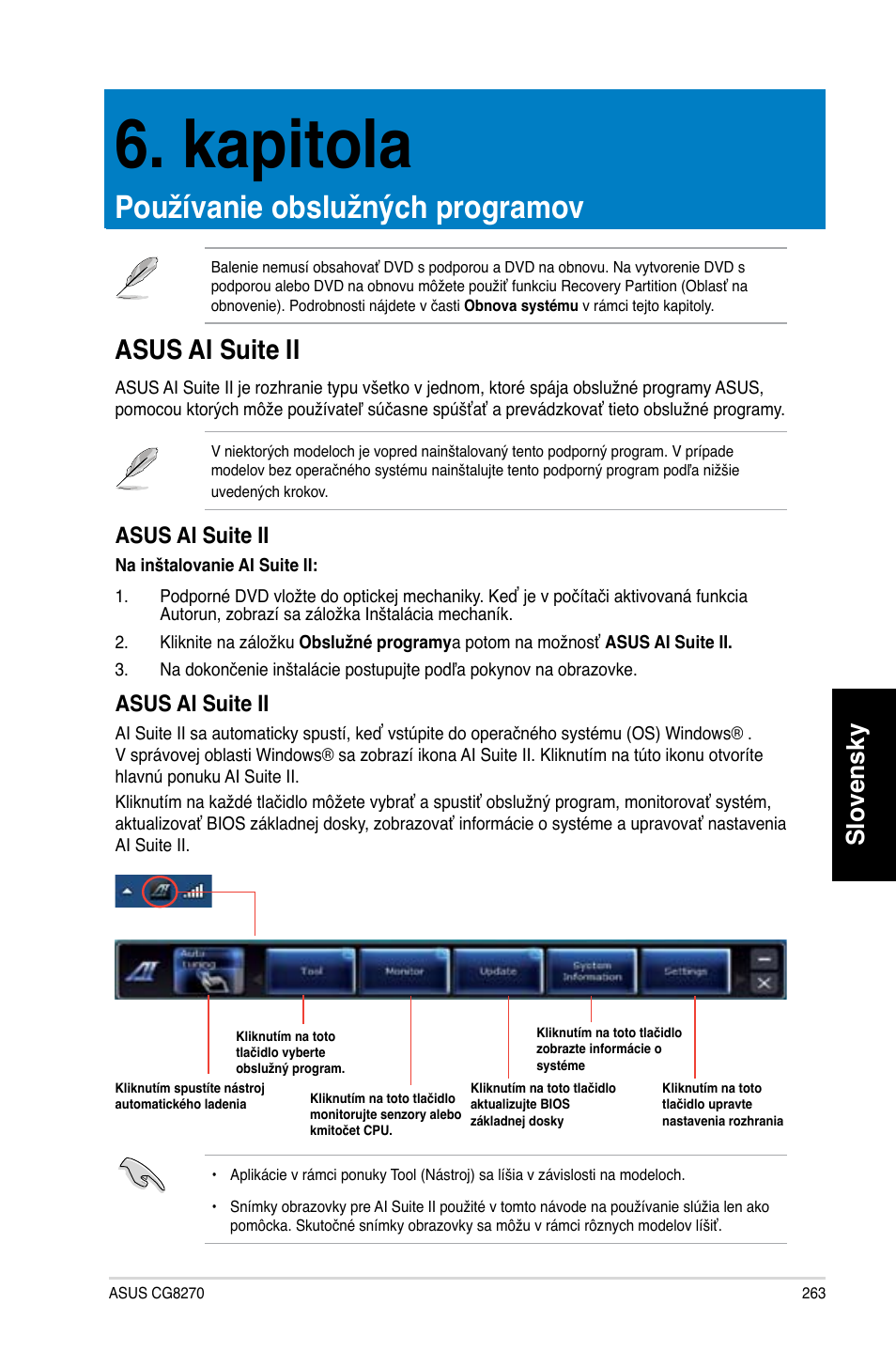 Kapitola, Používanie obslužných programov, Asus ai suite ii | Slovensky | Asus CG8270 User Manual | Page 265 / 362