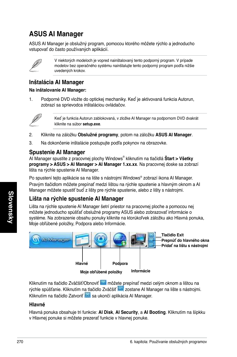 Asus ai manager, Slovensky, Inštalácia ai manager | Spustenie ai manager, Lišta na rýchle spustenie ai manager | Asus CG8270 User Manual | Page 272 / 362