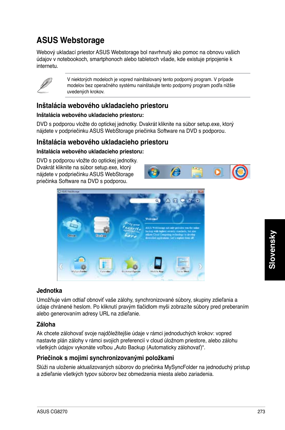 Asus webstorage, Slovensky, Inštalácia webového ukladacieho priestoru | Asus CG8270 User Manual | Page 275 / 362