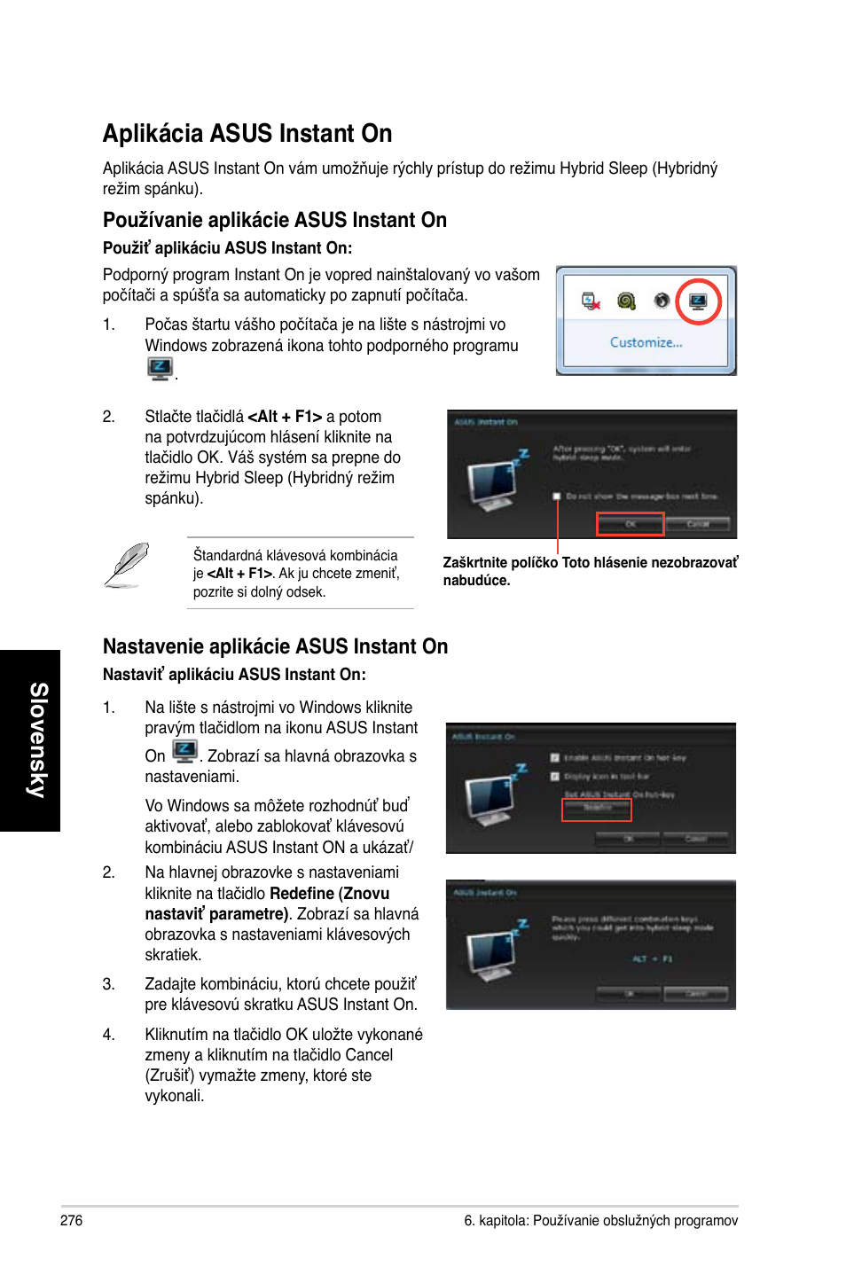 Aplikácia asus instant on, Slovensky, Používanie aplikácie asus instant on | Nastavenie aplikácie asus instant on | Asus CG8270 User Manual | Page 278 / 362