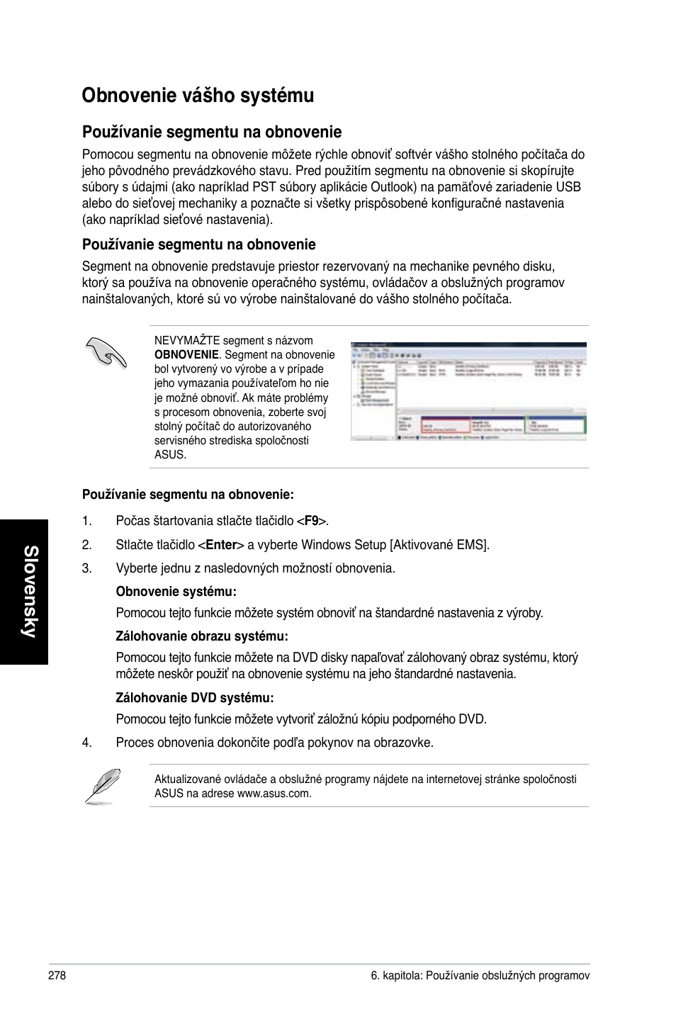 Obnovenie vášho systému, Slovensky, Používanie segmentu na obnovenie | Asus CG8270 User Manual | Page 280 / 362