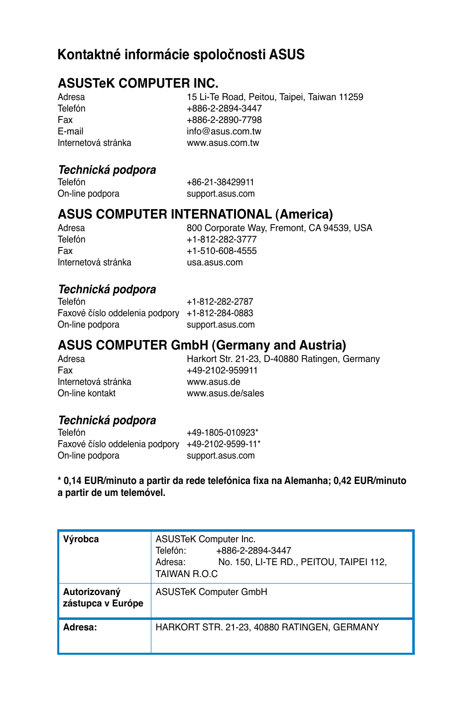 Kontaktné informácie spoločnosti asus, Asustek computer inc, Asus computer international (america) | Asus computer gmbh (germany and austria), Technická podpora | Asus CG8270 User Manual | Page 290 / 362