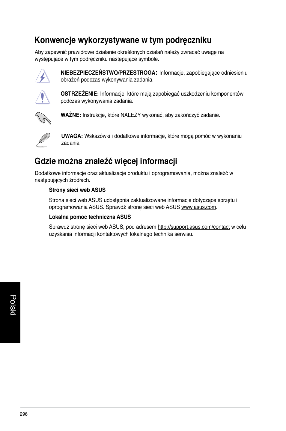 Konwencje wykorzystywane w tym podręczniku, Gdzie można znaleźć więcej informacji, Polski | Asus CG8270 User Manual | Page 298 / 362