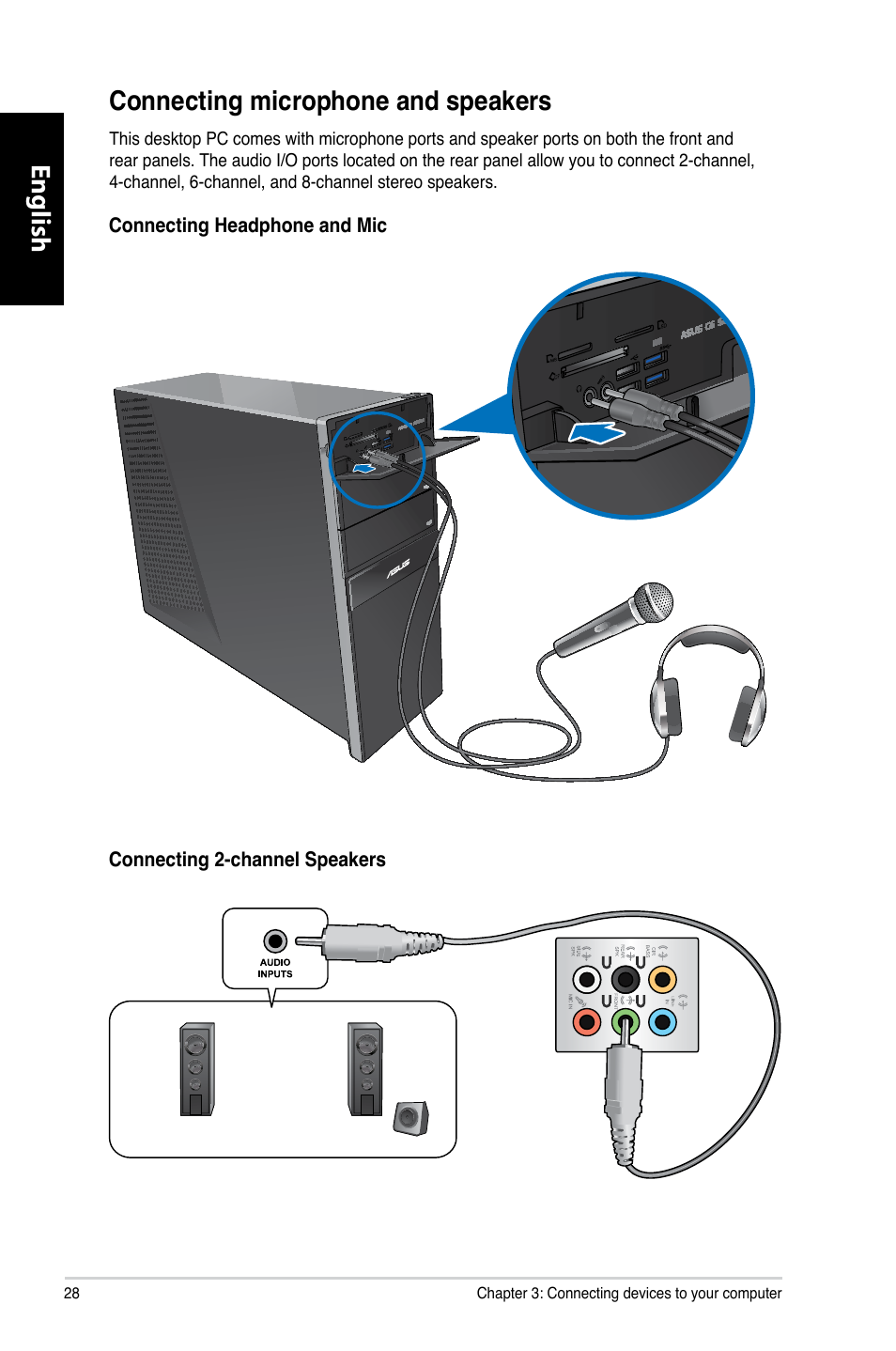 Connecting microphone and speakers, English, English connecting microphone and speakers | Asus CG8270 User Manual | Page 30 / 362