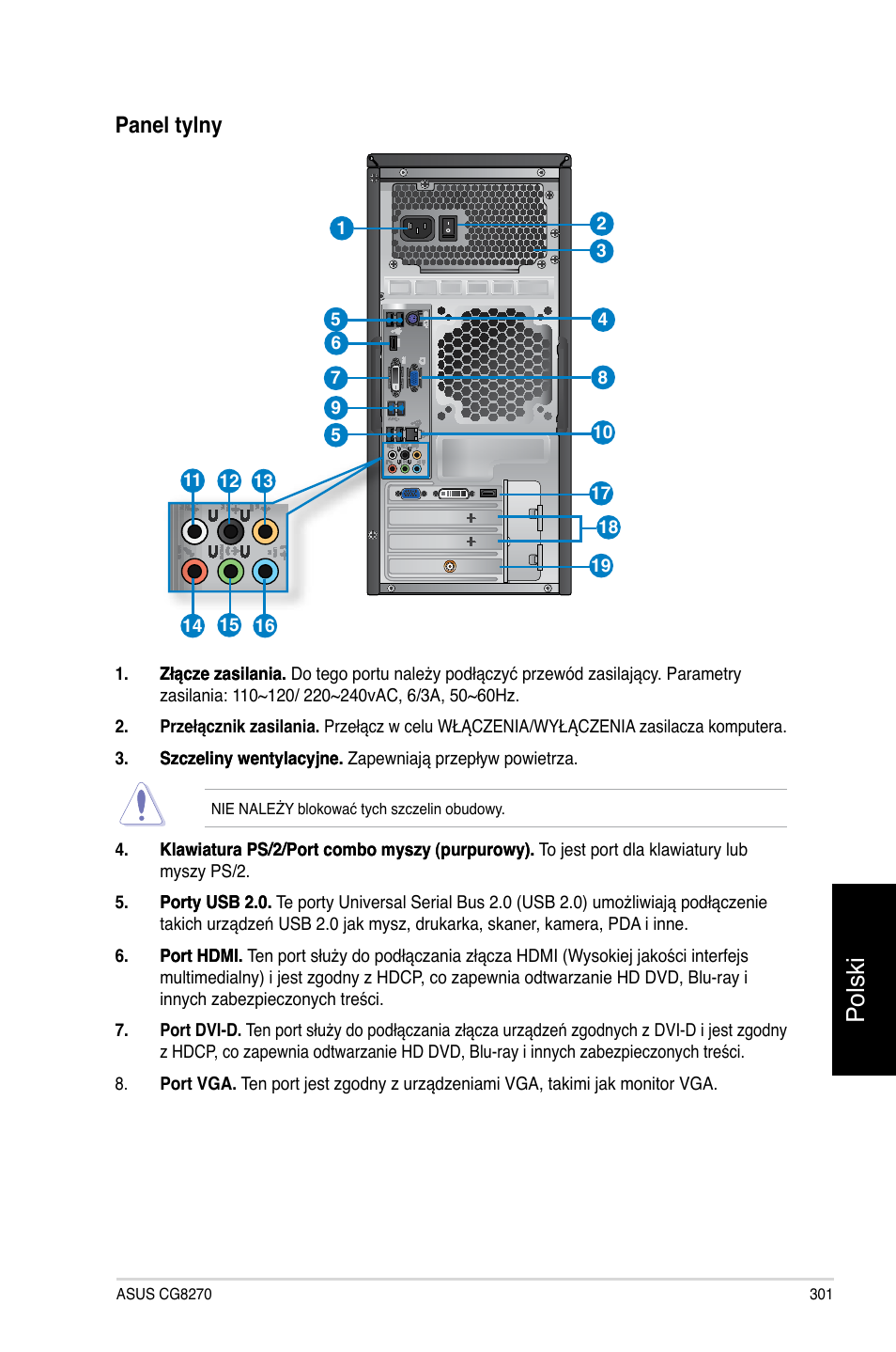 Polski, Panel tylny | Asus CG8270 User Manual | Page 303 / 362