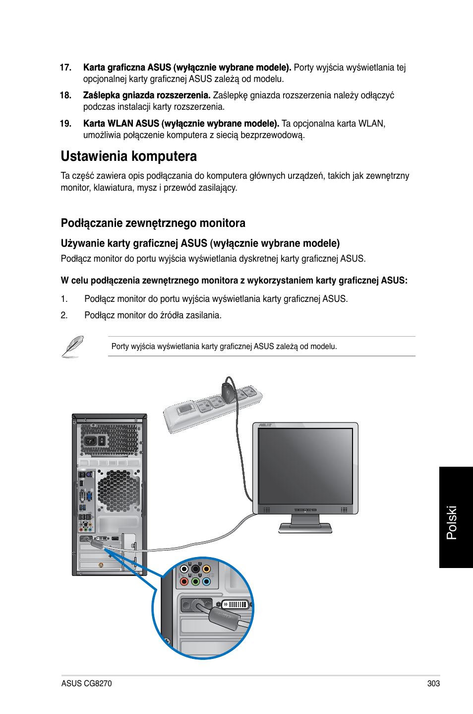 Ustawienia komputera, Polski, Podłączanie zewnętrznego monitora | Asus CG8270 User Manual | Page 305 / 362