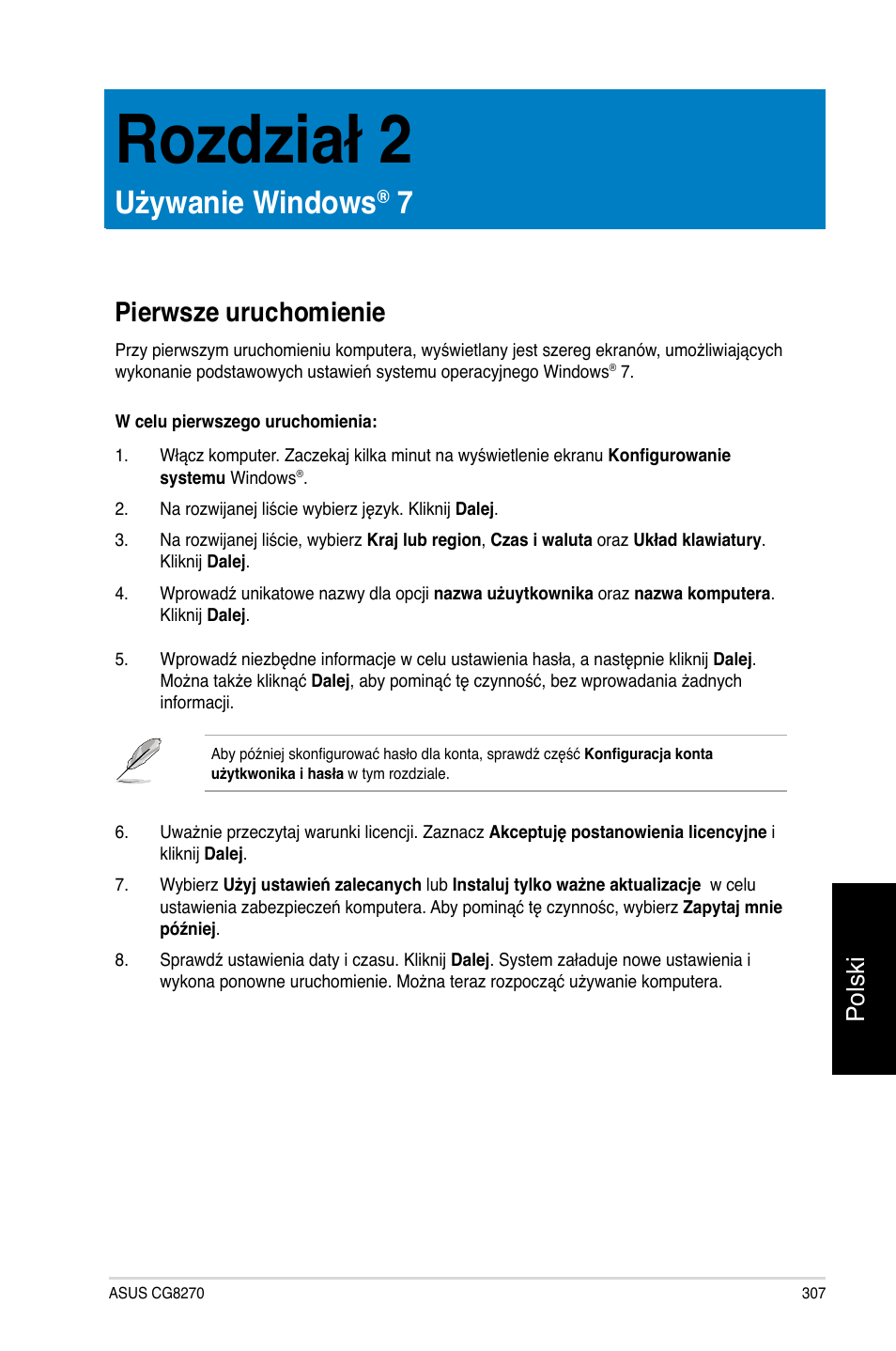 Rozdział 2, Używanie windows® 7, Pierwsze uruchomienie | Używanie windows, Polski | Asus CG8270 User Manual | Page 309 / 362